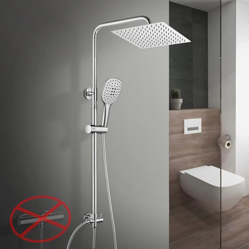 Görbach Regendusche Duschsystem ohne Armatur-Edelstahl Duschset mit Höheverstellbare Duschsäule 74-114cm, Variable Wandbefestigungen für Variabel zur Anpassung an Bestehende Bohrlöcher Chrom