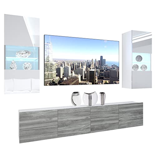 BELINI Wohnwand Vollausstattung Wohnzimmer-Set Moderne Schrankwand mit LED-Beleuchtung Anbauwand TV-Schrank Weiß/Glamourholz