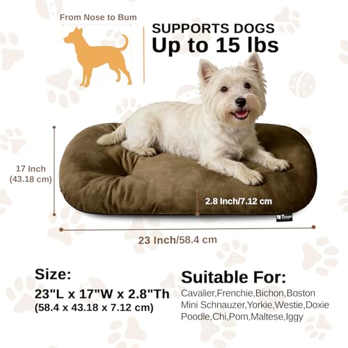 Image of Washable Oval Dog Bed for Small Dogs,Silver-Tipped High-Resilience,Brown | Non-Slip Bottom Prevents Sliding,Soft Plush Short Fur,Machine Washable Cushion,Ideal for Crates & Small Spaces,23 inchx17 inchx2.8 inch