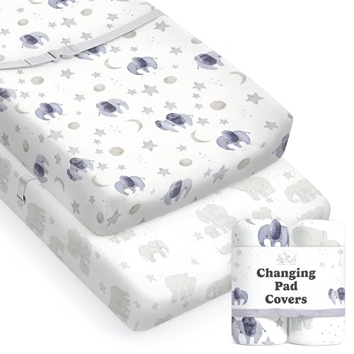 Image of Baby Changing Pad Cover 2-Pack for Boys, Girls (Watercolor Elephant) - Premium Fitted Sheets Baby Diaper Changing Table Cover - Buttery Soft Cotton Blend