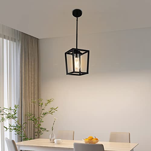 Puupa Farmhouse Pendant Light With Clear Glass Shade, 1-Light Black Iron Cage Metal Pendant Light Fixture With Lantern Design Hanging Light #TOP1