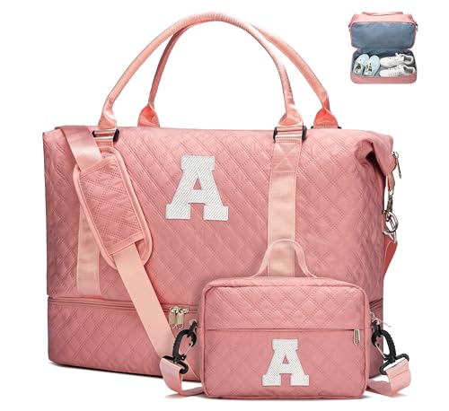 WOOMADA Initial Duffle Bag with Shoe Compartment,Personalized Weekender Bag, Overnight Bag for Women Girls, Gym Bag with Toiletry Bag
