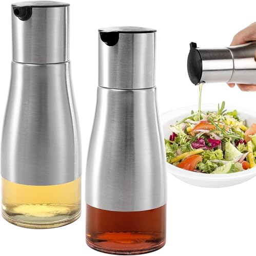Image of 2-Pieces Olive Oil Dispenser Bottle | Glass & Stainless Steel Cruet with Drip-Free Spout | Perfect for Cooking Oil, Vinegar & Dressings | Leak-Proof Pourer for Kitchen, Home & Restaurant Use (310ML)