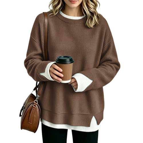 Crew Neck Sweatshirts Women Waffle Long Sleeve Oversized Sweatshirt Fall - image 2