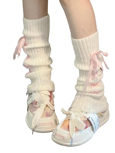 COZYEASE Women's Y2k Bow Tie Side Leg Warmer Solid Party Ribbed Knit Warm Leg Cover Socks