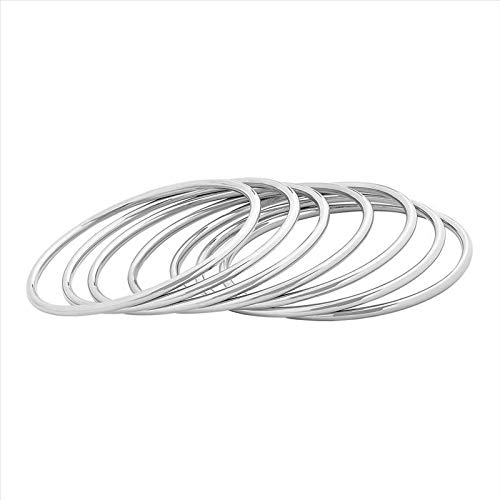 Edforce Stainless Steel Glossy Thin Round Bangle Bracelet Set For Women, Set Of 7 (Silver, 7.8") #TOP1