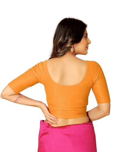 Image of Amazon Brand - Anarva Round Neck Dobby Cotton Lycra Stretchable Elbow Half Sleeve Readymade Saree Blouse for Women Stylish