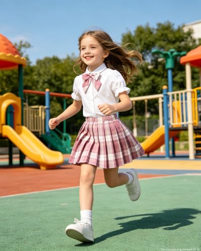 Image of Betusline Girls Skirt Set JK School Uniform 2-Piece Outfit - Short Sleeve Shirt with Bow & Pleated Skirt 4T-14Y
