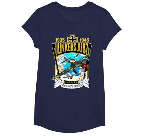 World War 2 German Aircraft Junkers JU-87A Fighter Bomber T-Shirt, Girls, Navy Blue, X-Small