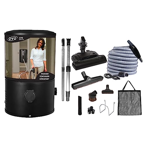 Image of OVO Wall Mounted House Vacuum Cleaner, fits in Closet and Tight Spaces, 595 Airwatts, Use with Disposable Filtration Bags, 18L / 4.75 gal, with 40 ft Carpet Deluxe Accessory kit Included
