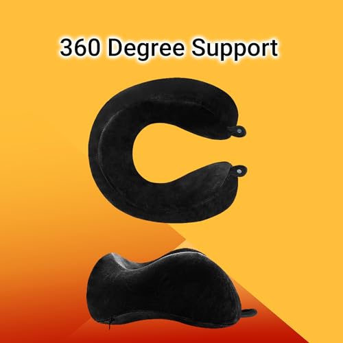 Image of Billebon Extra Soft Memory Foam Luxury Travel Neck Support Rest Pillow with Soft Washable & Removable Cover, Multipurpose Comfortable Travel Pillow for Airplane (Black with Eye MASK)