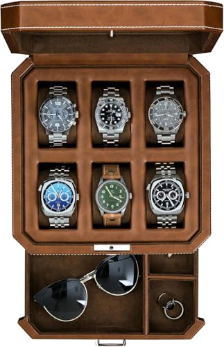 ROTHWELL 6 Slot Leather Watch Box with Valet Drawer - Luxury Case Display Organizer, Microsuede Liner, Locking Mens Jewelry Watches Holder, Men's Watch Storage Large Glass Top (Tan/Brown)