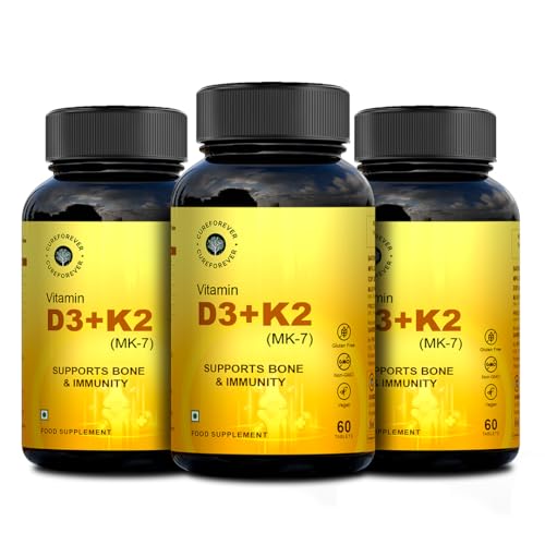 Image of CUREFOREVER Vitamin D3 + K2 (MK-7) Tablets - Essential Support for Bone, Heart & Immune Health for Men & Women | High Absorption Vitamin D Tablets (60 Count (Pack of 3))