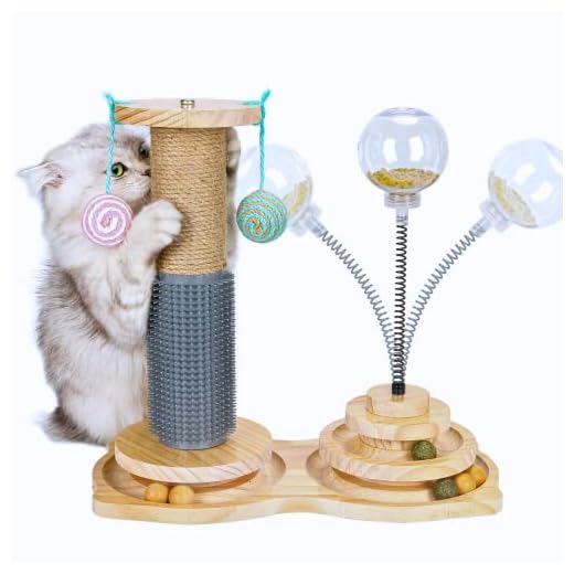 Interactive Cat Toy for Indoor, 2 Tiers Wooden Ball Track with sisal Rope Scratcher, self Groomer, Interactive Treat Toy for Indoor Kitten Enrichment