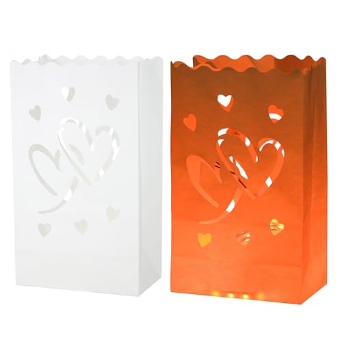 sourcing map White Paper Luminary Bags, 10 Pcs Double Hearts Shape Flame Resistant Lantern Candle Bags for Christmas Weddings Birthday Party Decoration