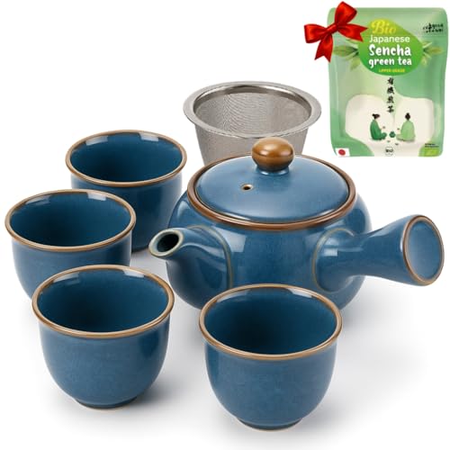 Goodwei Set da tè giapponese Kyusu – Caraffa laterale (320 ml) con colino in acciaio inox e 4 tazze da tè (110 ml) – autentico set regalo per tè verde con sencha biologica dal Giappone (Umi)
