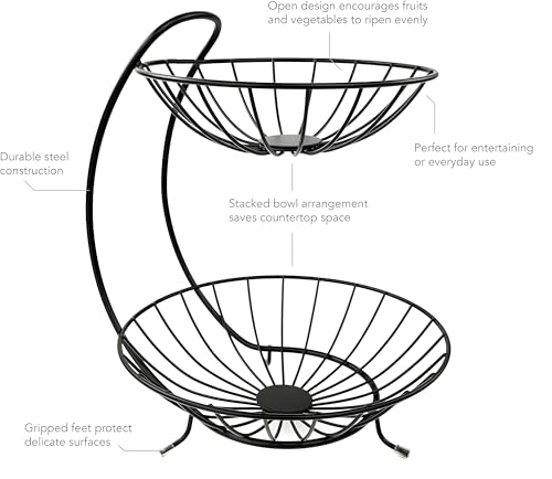 Image of Homeor 2-Tier Fruit & Vegetable Basket for Dining Table, Centre Table I Metal Fruit Bowl or Bread Basket Vegetables Storage Organizer Holder I Multi-Purpose Basket for Kitchen & Home, Black