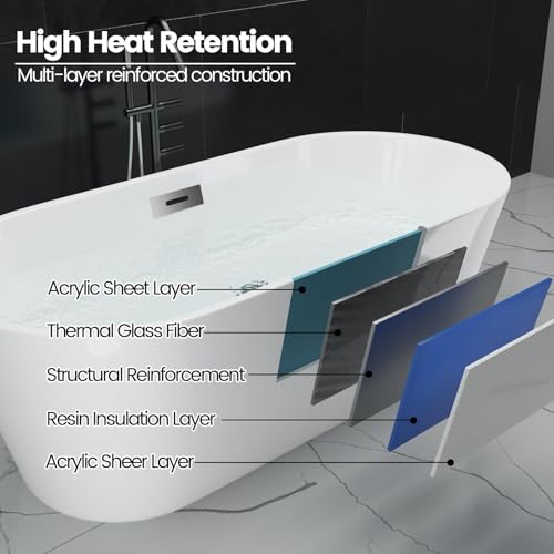 White Acrylic Freestanding Bathtub 59 Inch, Stand Alone Soaking Tub with Ergonomic Design, Chrome Overflow and Drain, Deep Bath for Modern Bathroom Comfort