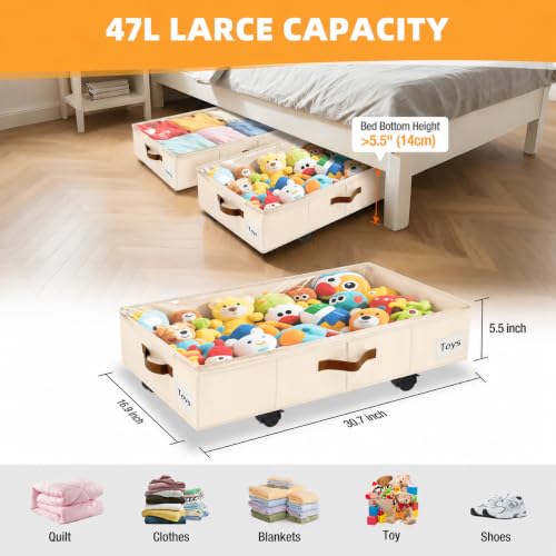 Image of Under Bed Storage with Wheels,Underbed Storage with Sturdy Sidewalls /Bottom, Clear Cover, Label and PU Handle, Rolling Under Bed Drawers for Clothes, Shoes, 6.5 Inch Height,Beige, 2 Pack