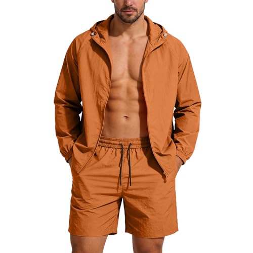2 Piece Sun Protection Shorts Set for Mens Lightweight Hoodie UPF 50+ Breathable Jacket Outfits for Hiking Travel Orange