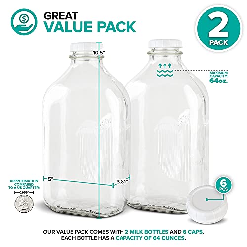 Stock Your Home Half Gallon Glass Milk Bottle With Lid (2 Pack) 64 Oz Jugs And 6 White Caps, Reusable Food Grade Milk Container For Refrigerator, Bottles For Juice, Oat Or Plant Milks, Water, Honey #TOP1