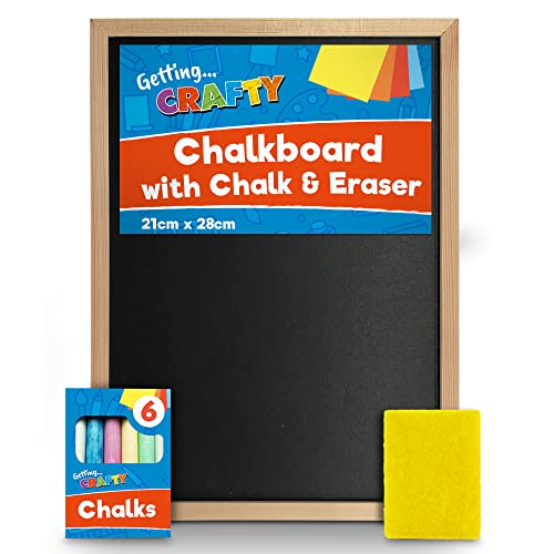 SOL Chalkboard with Chalk & Eraser Set 21 x 28cm Small Chalkboard for Kids Lightweight & Portable Blackboard with Wooden Frame Wall Mounting Ideal for Home Office Classrooms & Creative Drawings