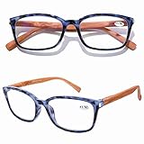 DOOViC Blaulichtfilter Computer Lesebrille Blau/Rechteckig Rahmen Federscharnier Bambus Mustern Büegel Brille mit Stärke für Herren/Damen 1,0