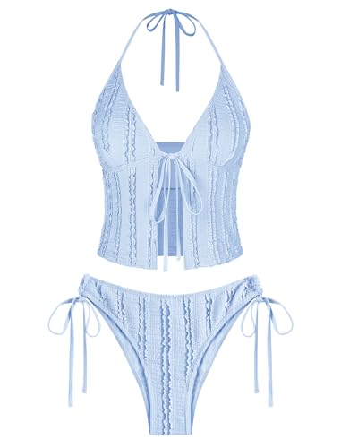 ZAFUL Tankini Swimsuits for Women Smocked Ruffles Tie Front Bowknot Textured High Cut Tanga Tankini Set