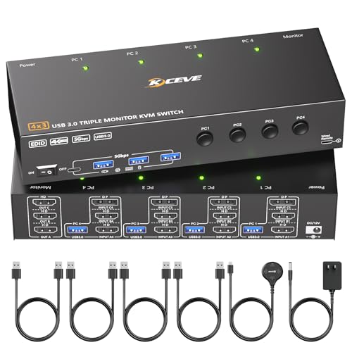 KVM Switch 3 Monitors 4 Computers 4K@60Hz,EDID Simulation,HDMI Displayport Triple Monitor KVM Switch,3 Monitor KVM with 4 USB 3.0 Ports for Keyboard Mouse, Wired Remote and 4 USB3.0 Cables Included