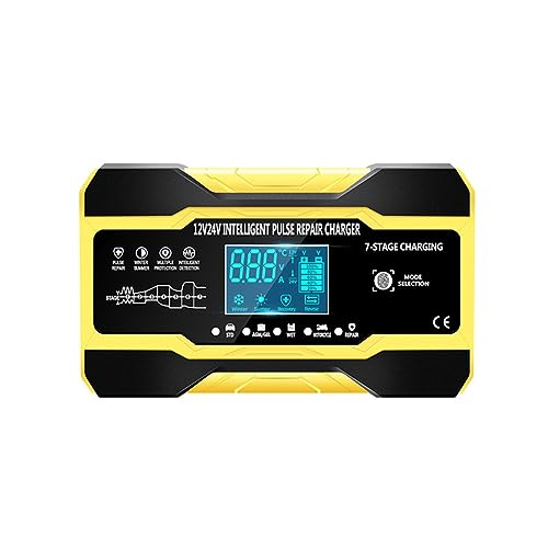 Feriany Cargador Inteligente Totalmente AutomáTico de 12V y 24V, Cargador de BateríA PortáTil de Alta Potencia para Motocicleta y Coche, 10A, para Carga de BateríA, Enchufe Europeo