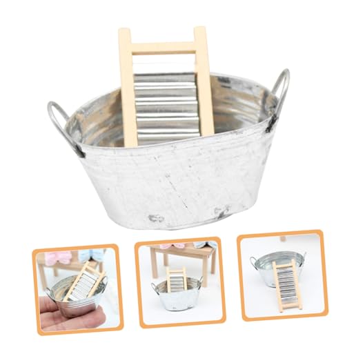 BESPORTBLE 2 Sätze Puppenhaus-blechbecken Aus Blech Miniatur-wäschewannen 1 12 Waschbrett Puppenhaus Viktorianische Möbel Puppenhaus-wäschekorb Miniatur-waschwanne Weißblech Zubehör Holz Kind