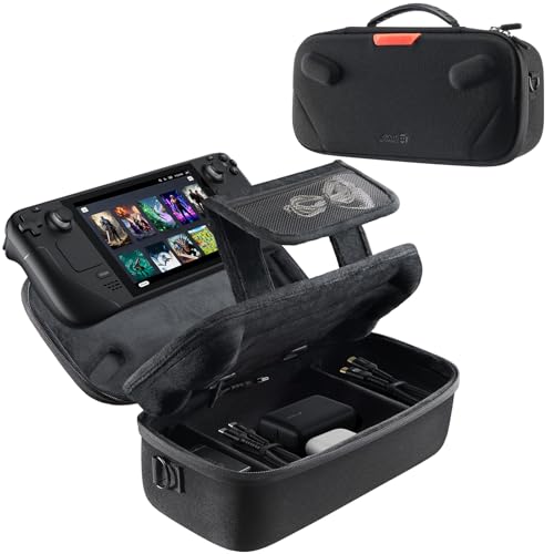 JSAUX Housse pour Steam Deck et Steam Deck OLED, Étui Rigide Double Couche avec Ouverture pour Câble, Câble USB C Angle Inclus, Grande Capacité pour Chargeur et Accessoires