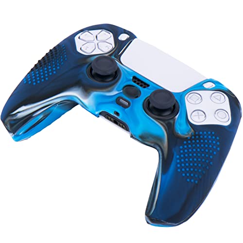 YoRHa Studded Silicone Rubber Gel Customizing Skin Cover for PS5 Controller x 1(Camouflage Blue) With Pro thumb grips x 10 - Image 2