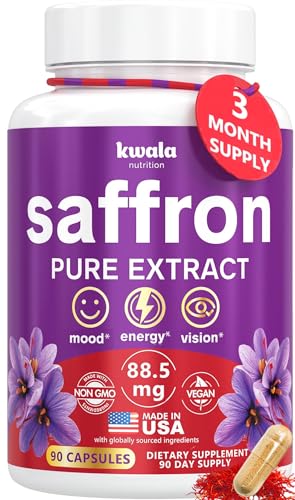 Kwala Nutrition Saffron Supplements for Mood & Focus | 88.5mg Pure Saffron Extract | 3rd Party Tested | Made in USA | 3 Month Supply | 90 Capsules