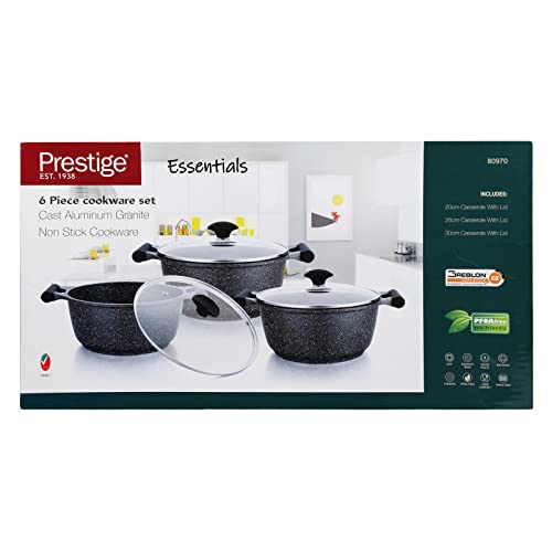 طقم اواني ومقالي اسنشيالز من برستيج | طقم اواني طهي جرانيت 6 قطع من الالومنيوم المصبوب غير اللاصق | قاعدة حث | طقم طهي غير لاصق | اسود PR80970