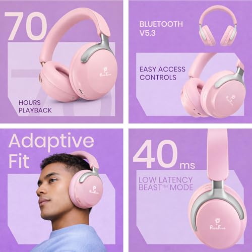 Image of PunnkFunnk Bass Over-Ear Bluetooth Wireless Headphones with Deep Bass, 40mm Drivers, Built-in Mic, Foldable Design, Soft Cushioned Ear Cups, AUX & TF Support for Music, Gaming & Calls (Pink)