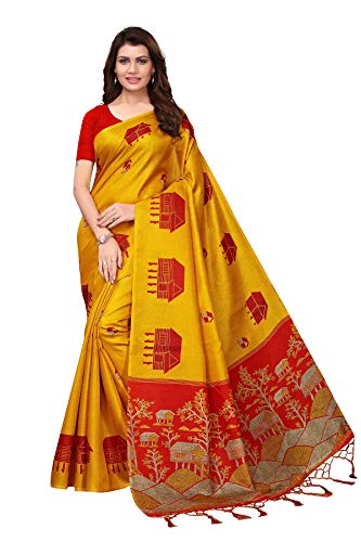 TreegoArt Women's Traditional Kalmakari Silk Ethnic Sari With Unstitchead Blouse