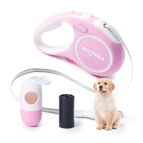 【在庫限りで取扱い終了】PETTENA 犬リード 5メートル 自動伸縮 ウンチ袋付 超軽量型 196g 中小型犬対応 耐荷重25kg 回転可能 耐久性高い 滑り止めハンドル付き ブレーキ 一時停止 12ヶ月保証 (ピンク)