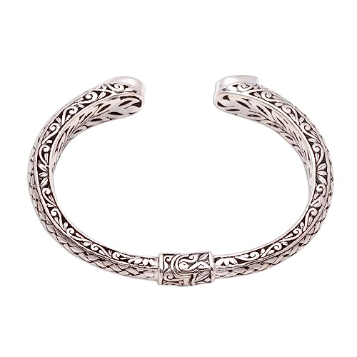Novica Handmade Peridot Cuff Bracelet Weave Pattern From Bali .925 Sterling Silver Indonesia Gemstone [5.75 In L (End To End) X 0.3 In W] 'Woven Drops' #TOP4