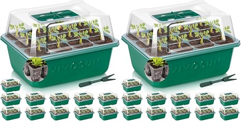 VIVOSUN VIVOSUN 24-Pack Seed Starter Trays, 144-Cell Seed Starter Kit with Humidity Dome, Flat Reusable Plant Germination Trays with Drain Hole, Green Propagation Tray for Planting Seeds