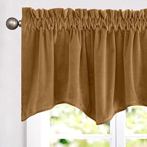 Lazzzy Gold Velvet Valance Blackout Thermal Insulated Scalloped Valance Small Short Wave-Shaped Window Curtain For Bedroom Living Room 18 Inch Curtain Valance Rod Pocket 1 Panel Gold Brown #TOP1