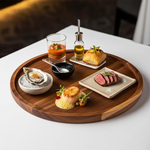 Image of Round Wood Tray for Coffee Table, Wooden Serving Tray, Decorative Trays for Home Decor (11x11 Inch)