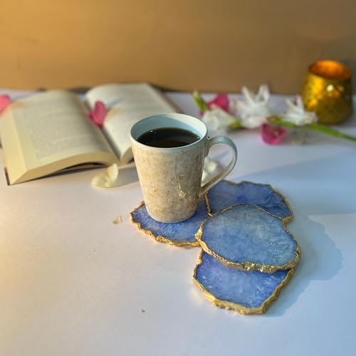 Image of Natural Agate Stone Tea Coasters Set | Premium Stone Coasters for Tea, Coffee & Glass | Heat Resistant Coasters for Dining Table, Office Desk & Home Decor | Pack of 4 | Color -Blue