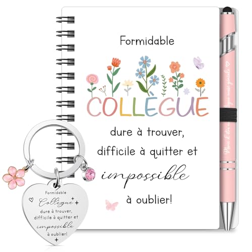 Sinmoe Cadeau pour Collègue Femme - Set 3 Pièces avec Carnet Spiralé, Stylo à Bille Rose et Porte-Clés Fleur, Idée Cadeau Départ, Retraite, Remerciement Collègue ou Noël