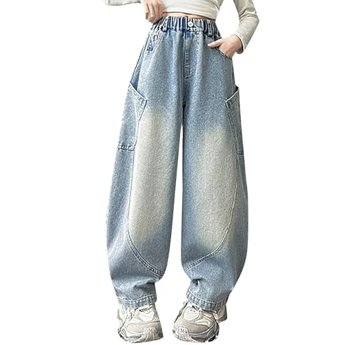 Girls Wide Leg Baggy Jeans Hip Hop High Elastic Waist Denim Pants Teen Streetwear Distressed Washed Loose Trousers