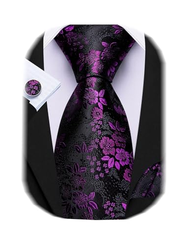 Image of Barry.Wang Flower Ties for Men Handkerchief Cufflinks Set Wedding Necktie Set Party
