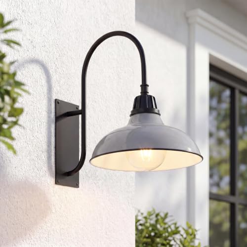 Image of JONATHAN Y 12.25 inch Gray /Black 1-Light Farmhouse Gooseneck Outdoor Wall Sconce Lamp, with Black Metal Bowl Shade, Industrial Iron LED Porch Light for Patio Garage Entryway (JYL7614D)