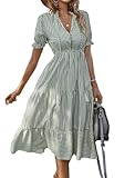 PYJMAX Vestido Camisero para Mujer de Mangas Cortas y Cuello en V, Vestido Midi a Rayas de Plisado con Volantes, Vestido...