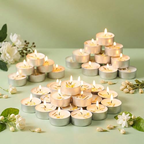 Jasmine Scented Tealight Candles 16 Pack - 4-Hour Palm Wax White Tea Lights, Plant Dried Flower Scented Tea Candle (Paraffin-Free), Votive Candles for Home/Yoga/Bath/Meditation