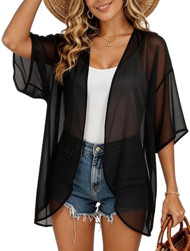 Image of FINOCEANS Womens Floral Chiffon Kimono Cardigans Loose Beach Cover Up Half Sleeve Tops